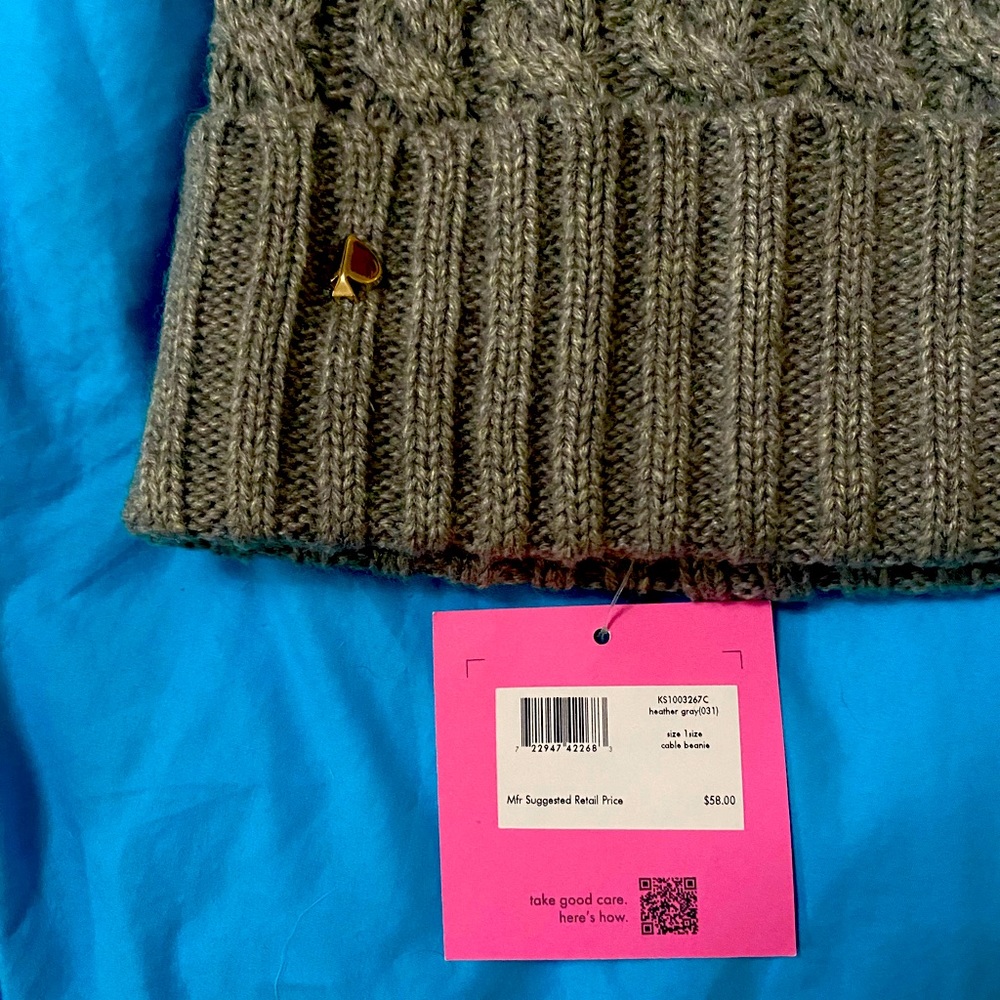 Kate Spade Grey Pom Cable Knit Beanie HAT NWT